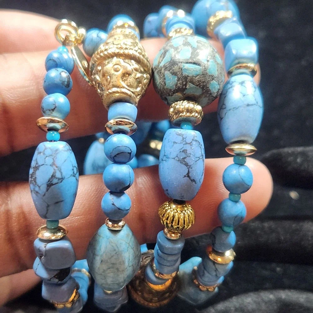 Chicos Blue Turquoise  color Multi Strand Wrap Bracelet Gold Tone Accents